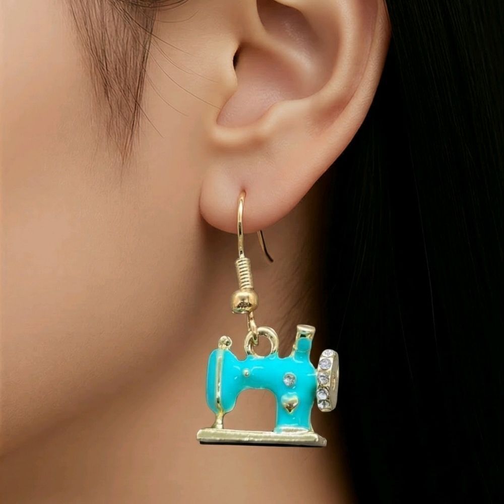 Vintage Sewing Machine Earrings Turquoise Enamel Seamstress Gift Retro Jewelry